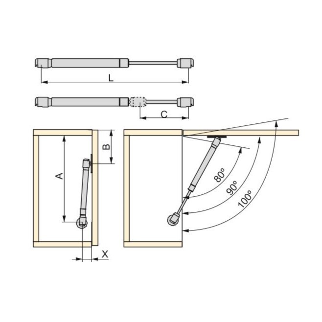 Pistón para puertas elevables, 11Kg, con enganches